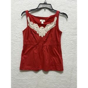 LOFT Red Cotton Blend Crochet Trim Sleeveless Top Blouse Casual‎ Size Small